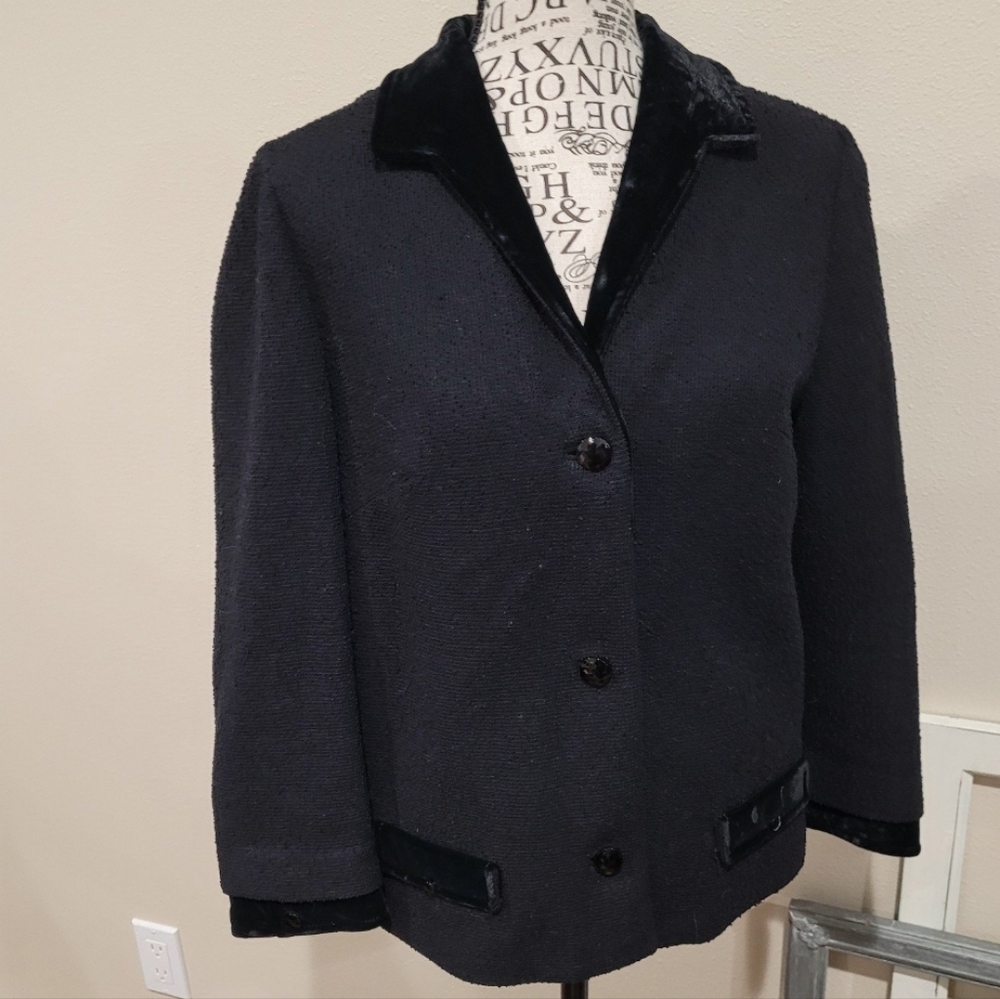 Vintage Butte Knit textured Wool jacket 3/3 sleeve button‎ front velvet trim